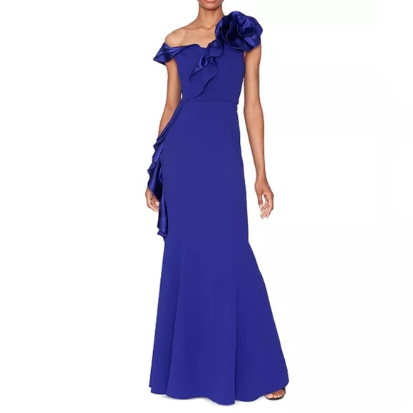 Elegant One-Shoulder Blue Dress with Ruffle Detail - Picture 1 of 2